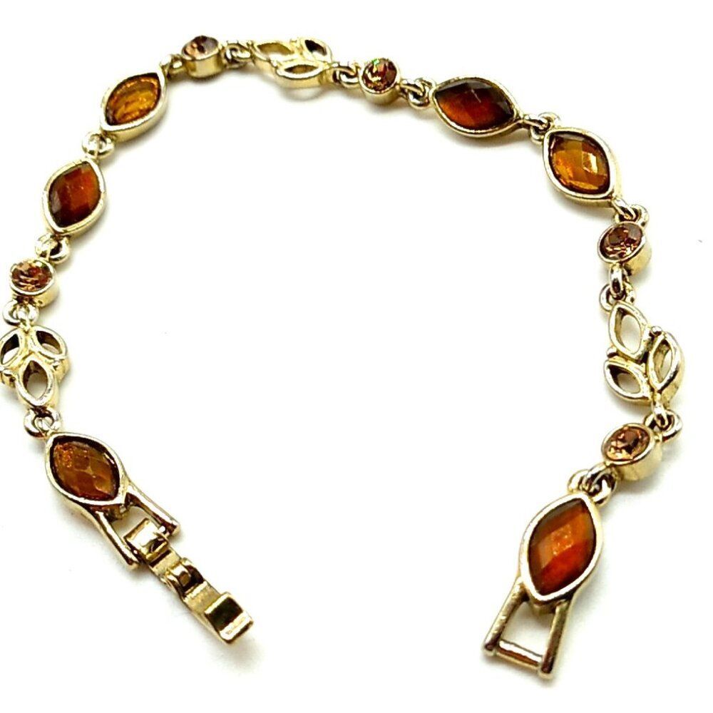 VTG Citrine & Amber Colored Faceted Rhinestone Gold-tone Leaves Link Bracelet